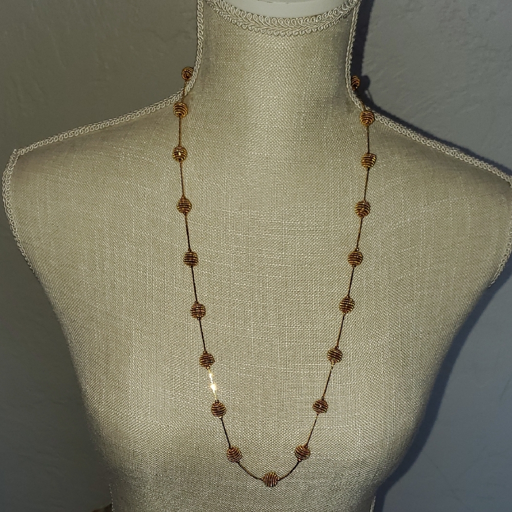Vintage 90s TRIFARI 30' Thin Chain Long Gold Tone Coil Beaded Station Necklace